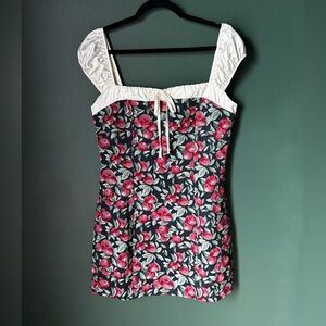 Floral Square-Neck Mini Dress with Puff Sleeves - White and Pink